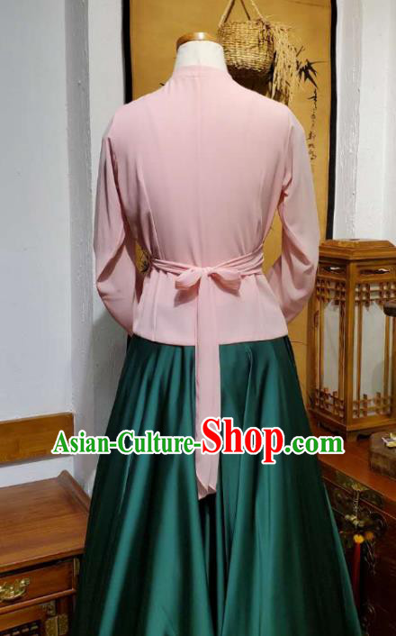 Korean Traditional Dance Training Pink Veil Blouse and Deep Green Satin Skirt Asian Women Hanbok Informal Apparels Korea Fashion Costumes