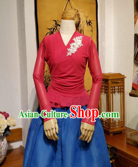 Korean Dance Training Rosy Veil Blouse and Deep Blue Skirt Asian Women Hanbok Informal Apparels Korea Fashion Traditional Costumes