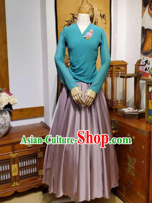 Korean Traditional Dance Training Teal Veil Blouse and Deep Pink Satin Skirt Asian Women Hanbok Informal Apparels Korea Fashion Costumes