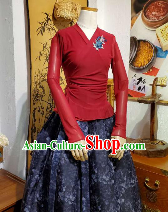 Korean Dance Training Dark Red Veil Blouse and Navy Skirt Asian Women Hanbok Informal Apparels Korea Fashion Traditional Costumes