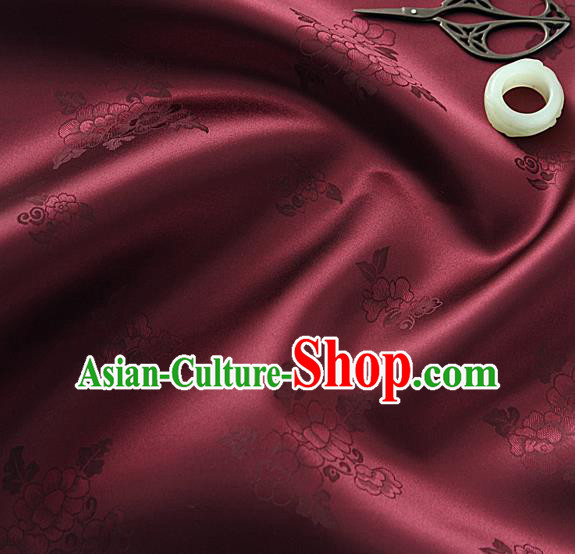 Traditional Korean Classical Roses Pattern Purplish Red Satin Drapery Hanbok Material Asian Korea Fashion Silk Fabric