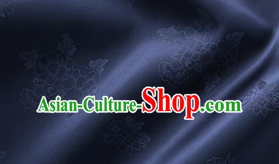 Traditional Korean Classical Roses Pattern Navy Blue Satin Drapery Hanbok Material Asian Korea Fashion Silk Fabric