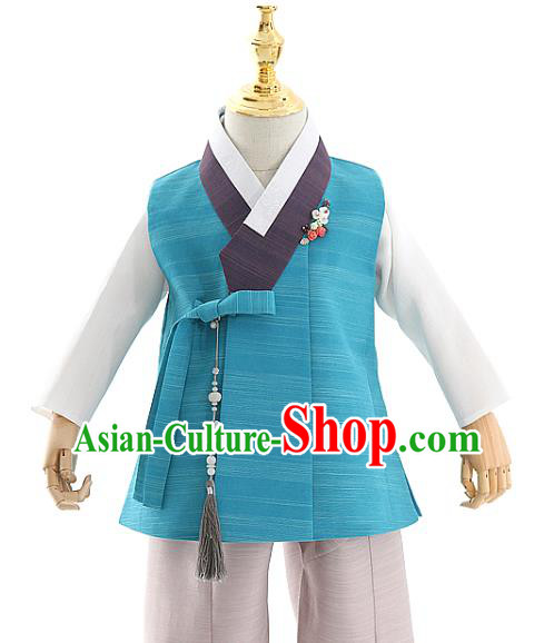 Asian Korea Kids Blue Vest Shirt and Pants Dress Korean Boys Birthday Fashion Traditional Hanbok Apparels Costumes