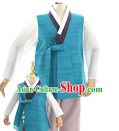Asian Korea Men Blue Vest Shirt and Pants Dress Korean Bridegroom Fashion Traditional Wedding Hanbok Apparels Costumes