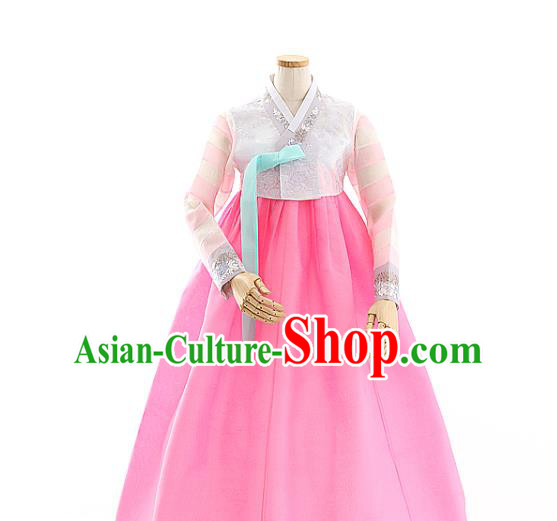 Korean Traditional Wedding Grey Lace Blouse and Rosy Dress Korea Fashion Bride Costumes Hanbok Apparels for Women