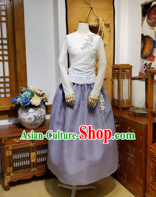 Korean Apparels White Veil Blouse and Lilac Skirt Asian Women Informal Hanbok Korea Fashion Traditional Dance Training Costumes
