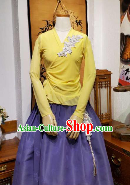 Korean Apparels Yellow Veil Blouse and Lilac Skirt Asian Women Informal Hanbok Korea Fashion Traditional Dance Training Costumes