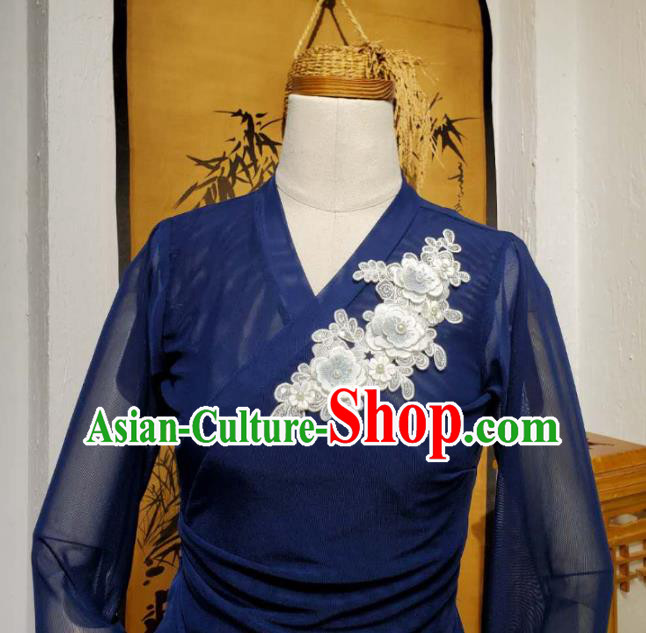 Korean Apparels Deep Blue Veil Blouse and Pink Skirt Asian Women Informal Hanbok Korea Fashion Traditional Dance Training Costumes