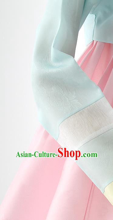 Korean Bride Light Blue Blouse and Pink Dress Korea Fashion Costumes Traditional Wedding Hanbok Apparels for Women