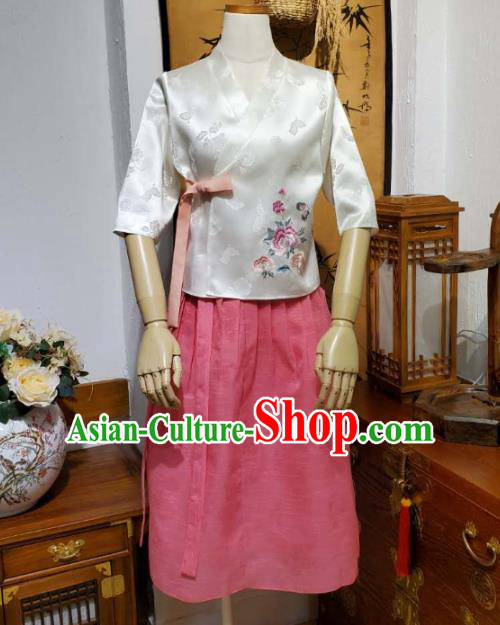 Korean Waitress Apparels Embroidered White Blouse and Pink Skirt Asian Women Work Hanbok Korea Fashion Traditional Costumes