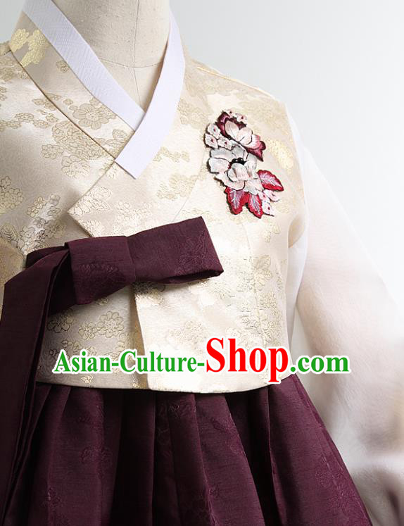 Korean Bride Beige Blouse and Wine Red Dress Korea Fashion Costumes Traditional Wedding Hanbok Festival Apparels for Women