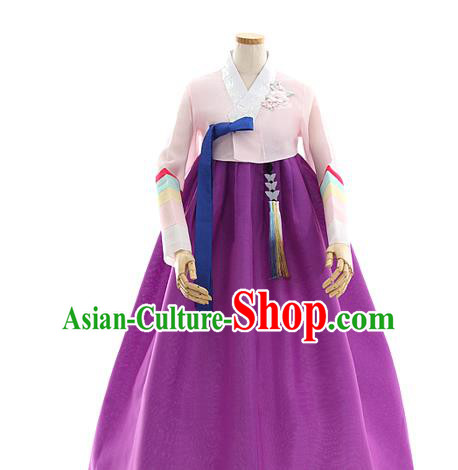 Korean Bride Light Pink Blouse and Purple Dress Korea Fashion Costumes Traditional Wedding Hanbok Festival Apparels for Women