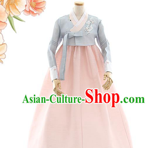Korean Bride Grey Blouse and Light Pink Dress Korea Fashion Costumes Traditional Wedding Hanbok Festival Apparels for Women