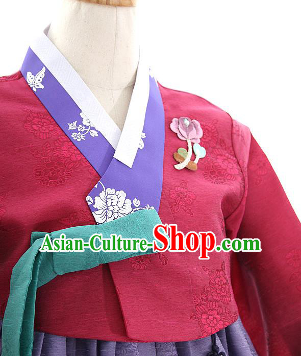 Korean Bride Mother Wine Red Blouse and Purple Dress Korea Fashion Costumes Traditional Hanbok Festival Apparels for Women