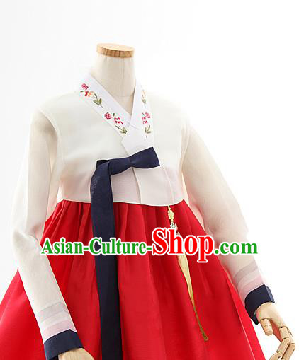 Korean Bride Mother Beige Blouse and Red Dress Korea Fashion Costumes Traditional Hanbok Festival Apparels for Women