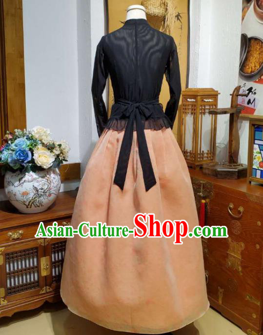 Korean Women Apparels Black Veil Blouse and Orange Skirt Asian Korea Fashion Traditional Hanbok Costumes
