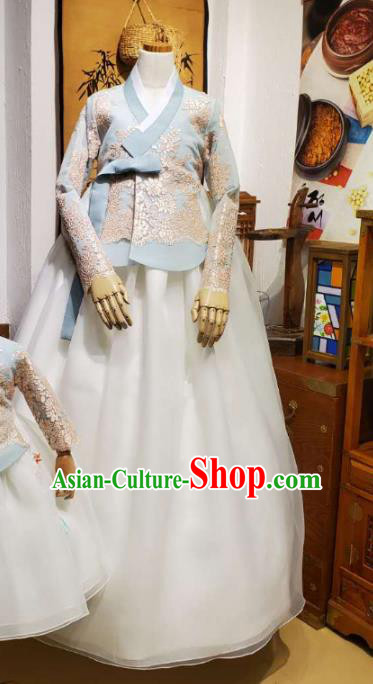 Korean Traditional Wedding Blue Lace Blouse and White Dress Korea Fashion Bride Costumes Hanbok Apparels for Women