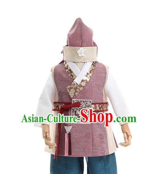 Asian Korea Boys Embroidered Cameo Brown Vest and Pants Korean Children Birthday Fashion Traditional Apparels Kids Hanbok Costumes