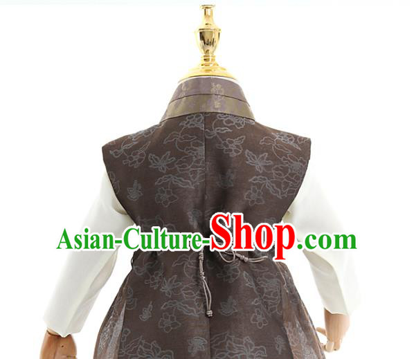 Asian Korea Boys Embroidered Brown Vest Shirt and Pants Korean Kids Fashion Traditional Apparels Hanbok Birthday Costumes