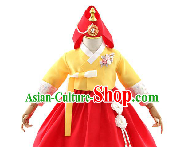 Asian Korea Girls Yellow Blouse and Red Dress Korean Kids Fashion Traditional Apparels Hanbok Birthday Costumes with Headwear