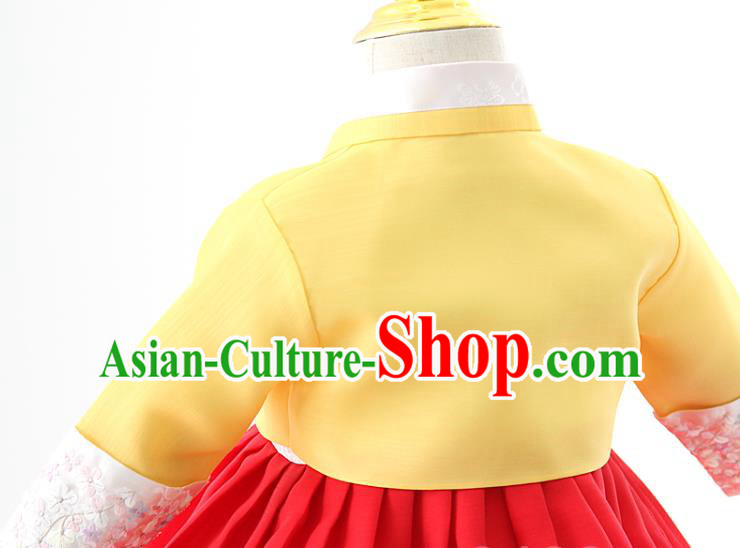 Asian Korea Girls Yellow Blouse and Red Dress Korean Kids Fashion Traditional Apparels Hanbok Birthday Costumes with Headwear