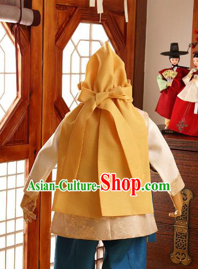 Asian Korea Boys Yellow Vest Top and Red Dress Korean Kids Fashion Traditional Apparels Hanbok Birthday Costumes with Headwear
