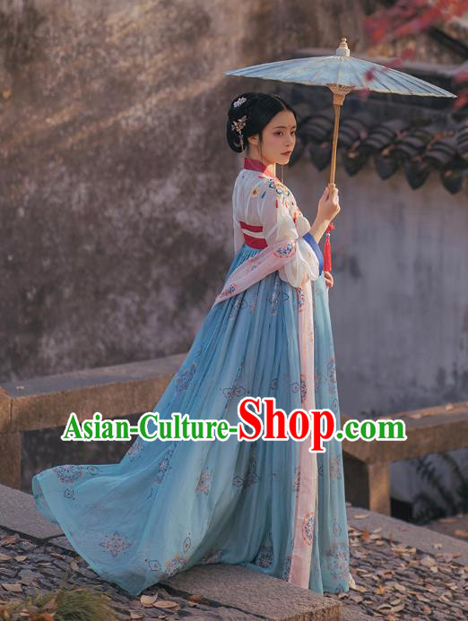 Chinese Ancient Palace Princess Costumes Traditional Tang Dynasty Hanfu Apparels White Blouse and Blue Dress Full Set