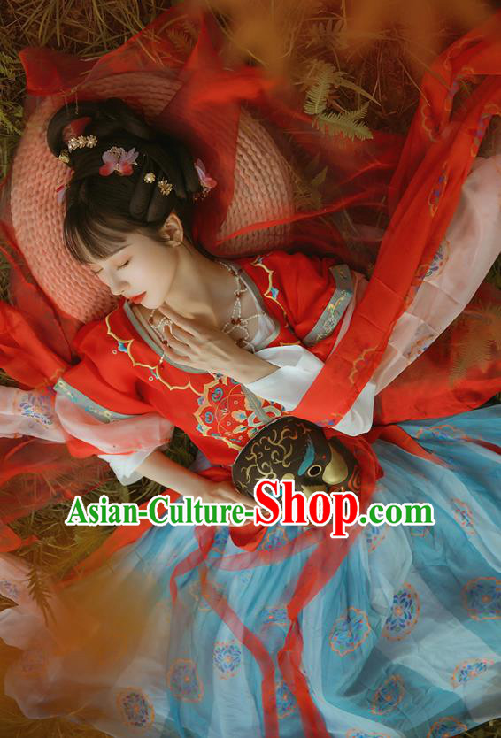 Chinese Ancient Flying Apsaras Fairy Dance Costumes Traditional Tang Dynasty Princess Top Blouse and Skirt Hanfu Apparels
