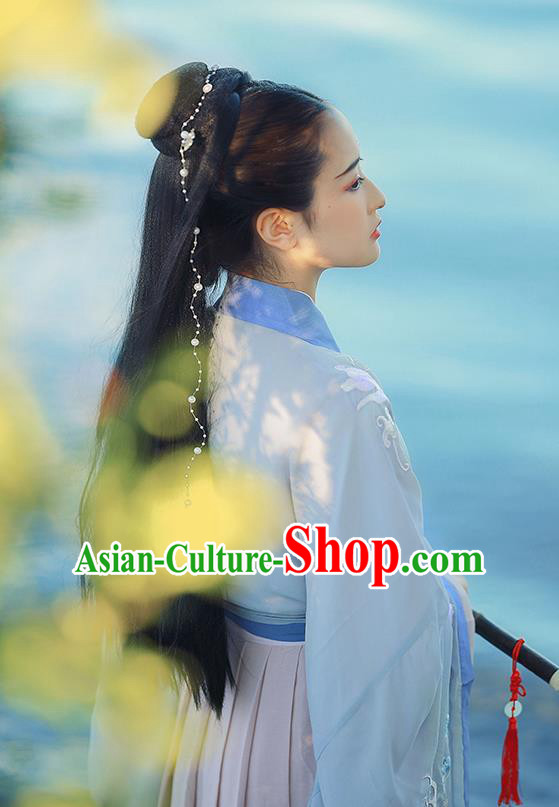 Chinese Ancient Jin Dynasty Female Swordsman Costumes Traditional Hanfu Apparels Wide Sleeve Blouse and Skirt Full Set