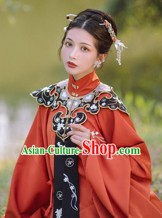 Chinese Ancient Ming Dynasty Imperial Concubine Costumes Traditional Court Women Hanfu Apparels Red Gown and Skirt Shoulder Tippet Full Set