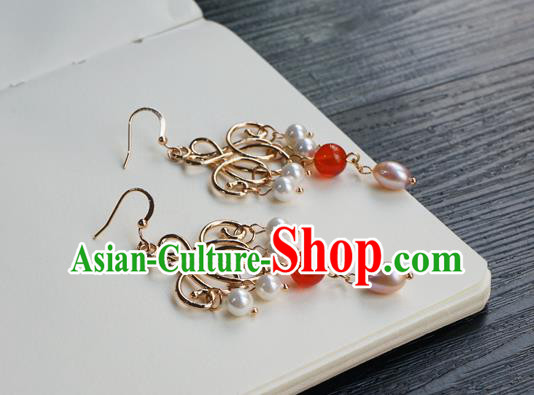 Handmade Chinese Women Hanfu Pearl Ear Accessories Ancient Court Eardrop Classical Golden Earrings
