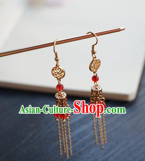 Handmade Chinese Women Golden Tassel Ear Accessories Classical Hanfu Red Beads Earrings