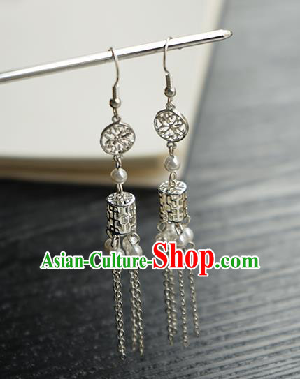 Handmade Chinese Women Argent Tassel Ear Accessories Classical Hanfu White Beads Earrings