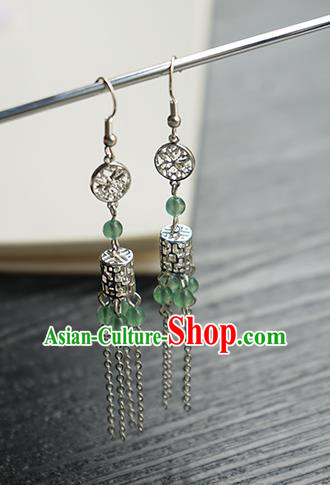 Handmade Chinese Women Argent Tassel Ear Accessories Classical Hanfu Green Beads Earrings