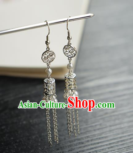 Handmade Chinese Women Argent Tassel Ear Accessories Classical Hanfu White Beads Earrings