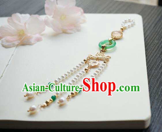 Chinese Classical Jewelry Accessories Ancient Hanfu Green Ring Brooch Golden Lotus Beads Tassel Pendant
