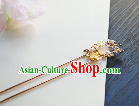 Chinese Classical Pink Chalcedony Hair Clip Hair Accessories Handmade Ancient Hanfu Golden Hairpin for Women