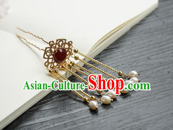 Chinese Classical Pearls Tassel Hair Clip Hair Accessories Handmade Ancient Golden Beads Hairpin for Women