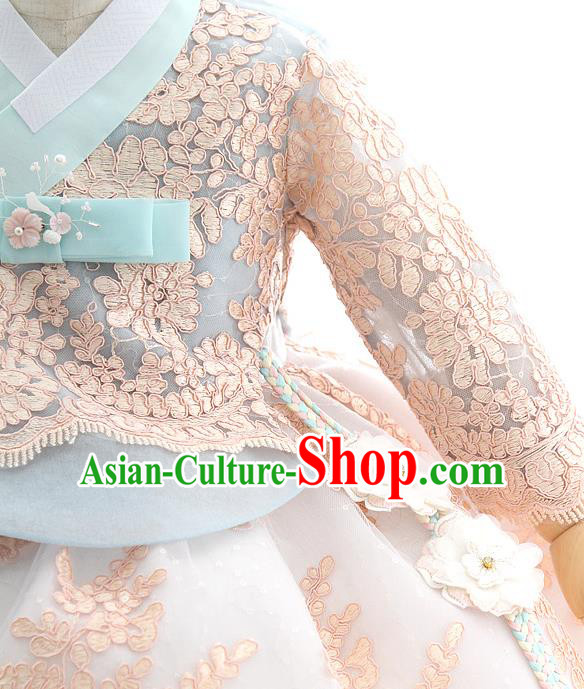 Asian Korea Court Girls Blue Lace Blouse and Dress Korean Kids Birthday Fashion Traditional Hanbok Apparels Costumes