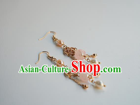 Handmade Chinese Classical Pearls Ear Accessories Ancient Women Hanfu Pink Bead Earrings
