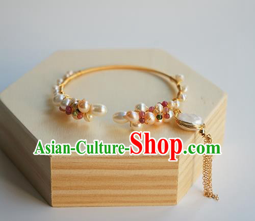 Chinese Classical Pearls Bracelet Jewelry Accessories Ancient Hanfu Golden Tassel Bangle