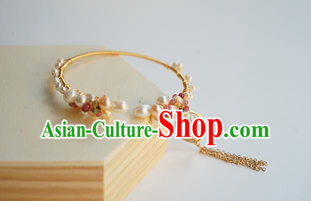 Chinese Classical Pearls Bracelet Jewelry Accessories Ancient Hanfu Golden Tassel Bangle