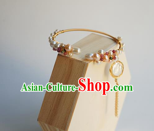 Chinese Classical Pearls Bracelet Jewelry Accessories Ancient Hanfu Golden Tassel Bangle
