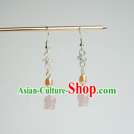 Handmade Chinese Classical Pink Convallaria Ear Accessories Ancient Women Hanfu Pearl Earrings