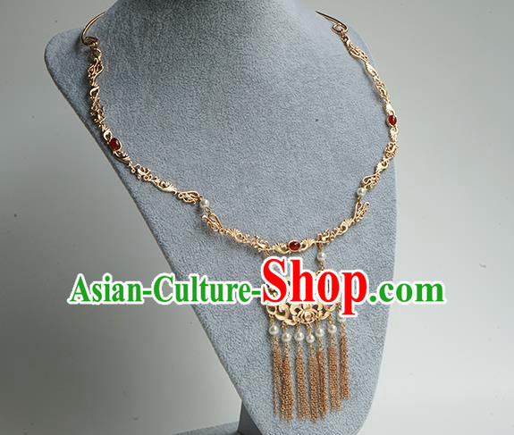 Chinese Handmade Hanfu Ming Dynasty Necklace Classical Jewelry Accessories Ancient Princess Golden Tassel Necklet for Women