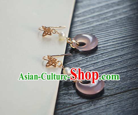 Handmade Chinese Ear Accessories Ancient Women Hanfu Classical Cheongsam Pink Ring Earrings