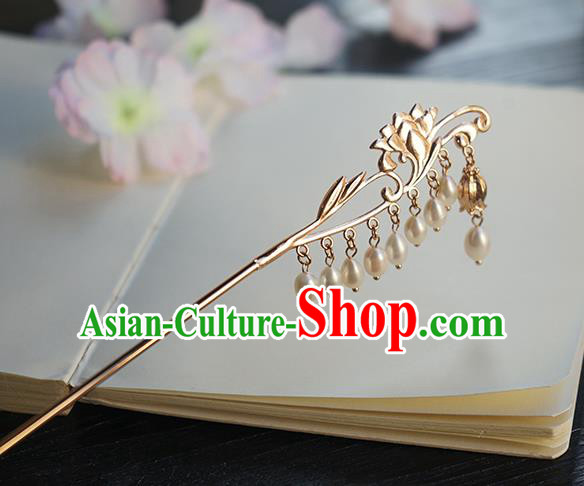 Chinese Classical Hanfu Golden Orchid Tassel Step Shake Hair Accessories Handmade Ancient Song Dynasty Pearls Hairpin for Women