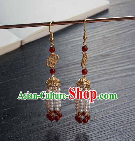 Handmade Chinese Ancient Court Ear Accessories Women Hanfu Golden Eardrop Classical Pearls Tassel Earrings