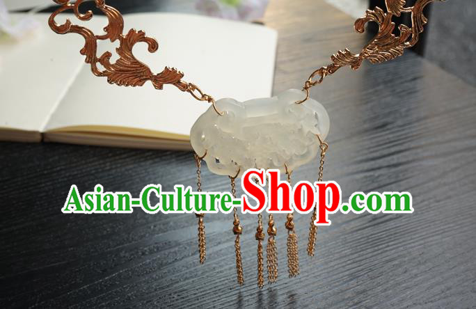 Chinese Handmade Hanfu Jade Necklace Classical Jewelry Accessories Ancient Princess Longevity Lock Golden Tassel Necklet for Women
