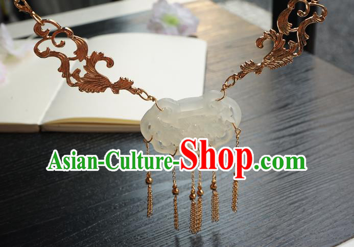 Chinese Handmade Hanfu Jade Necklace Classical Jewelry Accessories Ancient Princess Longevity Lock Golden Tassel Necklet for Women